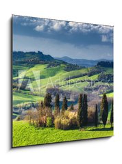 Obraz 1D - 50 x 50 cm F_F108374641 - Houses with cypress trees in a green spring day.