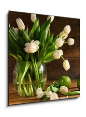 Obraz 1D - 50 x 50 cm F_F11553588 - White tulips in glass vase on rustic wood - Bílé tulipány ve skleněné váze na rustikálním dřevu