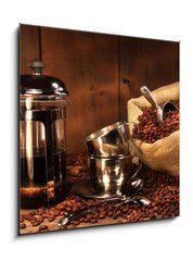 Sklenn obraz 1D - 50 x 50 cm F_F11872432 - Sack of coffee beans with french press - Sek kvovch zrn s francouzskm lisem