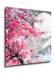 Obraz   oil painting landscape with sakura and mountain, hand drawn illustration, Japan, 50 x 50 cm