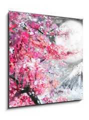 Obraz 1D - 50 x 50 cm F_F120794247 - oil painting landscape with sakura and mountain, hand drawn illustration, Japan - olejomalba krajina se sakurou a horami, run kreslen ilustrace, Japonsko