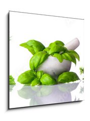 Obraz 1D - 50 x 50 cm F_F122892380 - Pestle and Mortar with Green Herbs on White Background