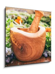 Obraz 1D - 50 x 50 cm F_F128185706 - Variety of herbs and mortar on wooden background, banner