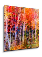 Obraz 1D - 50 x 50 cm F_F129052938 - Oil painting colorful autumn trees. Semi abstract image of forest, aspen trees with yellow - red leaf and lake. Autumn, Fall season nature background. Hand Painted Impressionist, outdoor landscape - Olejomalba barevn podzimn stromy. Semi abstraktn obraz lesa, osiky se lutou