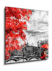 Obraz 1D - 50 x 50 cm F_F133948127 - oil painting on canvas, street of london. Artwork. Big ben. man and woman under an red umbrella. Tree. England. Bridge and river