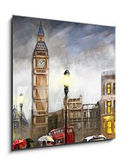 Obraz 1D - 50 x 50 cm F_F167015010 - oil painting on canvas, street view of london. Artwork. Big ben. couple and red umbrella, bus and road, telephone. Black car - taxi. England