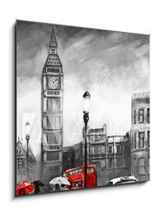 Obraz 1D - 50 x 50 cm F_F167015499 - oil painting on canvas, street view of london. Artwork. Big ben. couple and red umbrella, bus and road, telephone. Black car - taxi. England