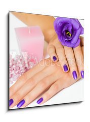 Obraz 1D - 50 x 50 cm F_F16907510 - Hands with purple manicure and flower, pink candle and beads