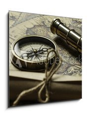 Obraz   Retro compass with old map and spyglass, 50 x 50 cm