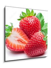 Sklenn obraz 1D - 50 x 50 cm F_F190279606 - Three strawberries with strawberry leaf on white background.