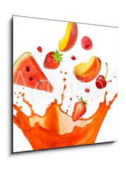 Sklenn obraz 1D - 50 x 50 cm F_F197062948 - mixed fruit falling into juices splashing on white background - smen ovoce spadajc do vy stkajc na blm pozad