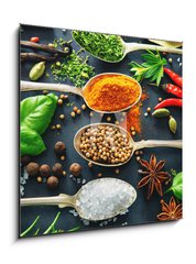 Obraz 1D - 50 x 50 cm F_F201727339 - Various herbs and spices on dark background - Rzn byliny a koen na tmavm pozad