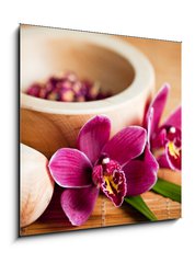 Obraz 1D - 50 x 50 cm F_F20493458 - Composition zen - fleurs orchide et mortier bois - Sloen zen