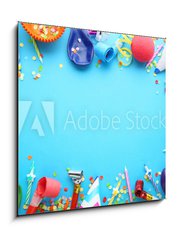 Obraz 1D - 50 x 50 cm F_F209760617 - Birthday party caps, blowers and candles on blue background - Čepice k narozeninám, dmychadla a svíčky na modrém pozadí