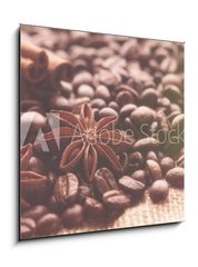 Obraz 1D - 50 x 50 cm F_F232714184 - Aromatic roasted coffee beans and anis or badian, sticks of natural cinnamon on  background close up