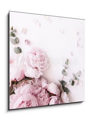 Obraz 1D - 50 x 50 cm F_F235909172 - Beautiful, tender fresh blossoming aromatic pink Peony flowers and eucalyptus branches on the white background, top view, flat lay
