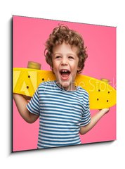 Obraz 1D - 50 x 50 cm F_F245786759 - Happy curly boy laughing and holding skateboard - Šťastný kudrnatý chlapec se směje a drží skateboard