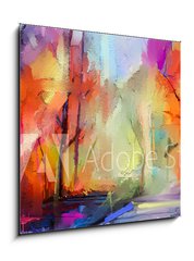 Obraz 1D - 50 x 50 cm F_F257481491 - Oil painting colorful autumn trees. Semi abstract image of forest, landscapes with yellow - red leaf and lake. Autumn, Fall season nature background. Hand Painted Impressionist, outdoor landscape - Olejomalba barevn podzimn stromy. Semi abstraktn obraz lesa, krajiny se lutou