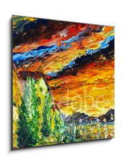 Obraz 1D - 50 x 50 cm F_F277362459 - Impressionism oil painting landscape paint art Red sea ship, scarlet sails, sunset over mountains, yellow-red clouds with a palette knife - Impresionismus olejomalba krajinomalba umn Rud nmon lo, arlatov plachty, zpad slunce nad horami, lut