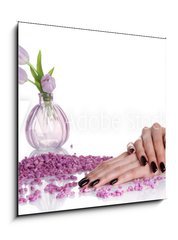 Sklenn obraz 1D - 50 x 50 cm F_F29403820 - Dark mancure, spa stones and lilac vase with tulips