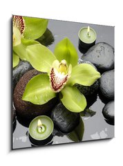 Obraz 1D - 50 x 50 cm F_F30029365 - therapy stones and orchid flower with water drops - léčivé kameny a orchidejové květiny s vodními kapkami