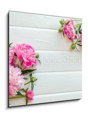 Obraz 1D - 50 x 50 cm F_F313371368 - Pink peony flowers on white wooden table. womans day or wedding background. Top view.