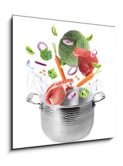 Obraz 1D - 50 x 50 cm F_F320560675 - Many different ingredients falling into pot on white background. Delicious recipe