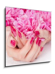 Sklenn obraz 1D - 50 x 50 cm F_F32966573 - Woman cupped hands with pink manicure holding a flower