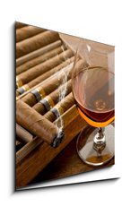 Obraz 1D - 50 x 50 cm F_F34951476 - cuban cigar and cognac on wood background - kubánský doutník a koňak na dřevěném pozadí