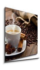 Obraz 1D - 50 x 50 cm F_F35054007 - Coffee cup with burlap sack of roasted beans on rustic table