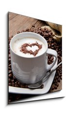 Sklenn obraz 1D - 50 x 50 cm F_F35054088 - Coffee cup with burlap sack of roasted beans on rustic table - Kvov lek s pytlovm pytlem praench fazol na rustiklnm stole