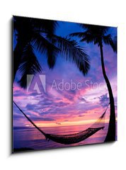 Obraz   Beautiful Vacation Sunset, Hammock Silhouette with Palm Trees, 50 x 50 cm