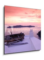 Obraz 1D - 50 x 50 cm F_F41448704 - Santorini with boat on white roof against sunset in Greece - Santorini s lod na bl stee proti zpadu slunce v ecku