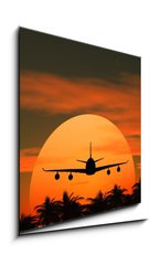 Obraz 1D - 50 x 50 cm F_F41883817 - airplane flying at sunset over the tropical land with palm trees - letoun lt pi zpadu slunce nad tropickou zem s palmami