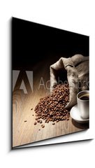 Obraz   Coffee cup with burlap sack of roasted beans on rustic table, 50 x 50 cm