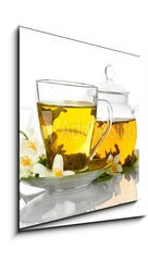 Obraz 1D - 50 x 50 cm F_F42891887 - green tea with jasmine in cup and teapot isolated on white