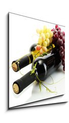 Obraz 1D - 50 x 50 cm F_F44046093 - bottles of wine and ripe grapes isolated on white - lhve vna a zral hrozny izolovanch na blm