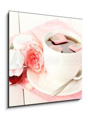 Obraz   cup of tea with roses and jam on white wooden table, 50 x 50 cm