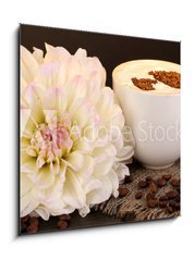 Obraz 1D - 50 x 50 cm F_F45499614 - Latte on wooden table on brown background - Latte na devnm stole na hndm pozad