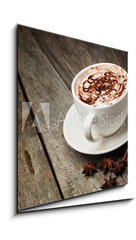 Obraz 1D - 50 x 50 cm F_F46093962 - coffee cup and beans, cinnamon sticks, nuts and chocolate on woo - lek kvy a fazole, skoice, oechy a okolda na woo