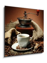 Obraz 1D - 50 x 50 cm F_F47552401 - cup of coffee, grinder, turk and coffee beans - šálek kávy, mlýnky, tuk a kávová zrna