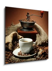 Obraz 1D - 50 x 50 cm F_F47552401 - cup of coffee, grinder, turk and coffee beans - lek kvy, mlnky, tuk a kvov zrna