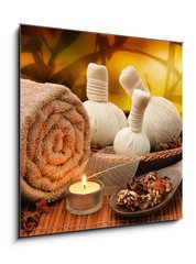 Obraz 1D - 50 x 50 cm F_F55741777 - Massage background with rolled towel, spa balls and candlelight