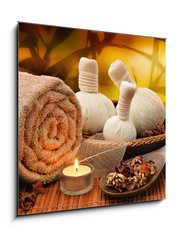 Obraz 1D - 50 x 50 cm F_F55741777 - Massage background with rolled towel, spa balls and candlelight - Masn pozad s vlcovanm runkem, lznmi a svtlem svek