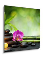Obraz   purple orchid, candle, with stones , bamboo on black mat, 50 x 50 cm