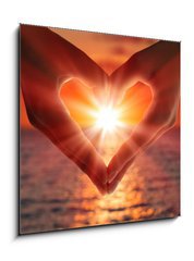 Obraz 1D - 50 x 50 cm F_F56533400 - sunset in heart hands - zpad slunce v rukou srdce