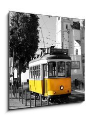 Sklenn obraz 1D - 50 x 50 cm F_F57716715 - Lisbon old yellow tram over black and white background