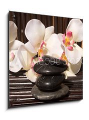 Obraz   Massage stones and orchid flowers on bamboo, 50 x 50 cm