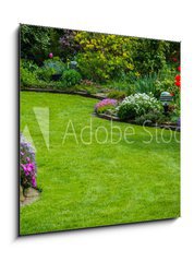 Obraz   Gartenansicht mit Rasen und Bepflanzung, 50 x 50 cm