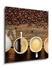 Sklenn obraz 1D - 50 x 50 cm F_F70894369 - Variety of cups of coffee and coffee beans on old wooden table